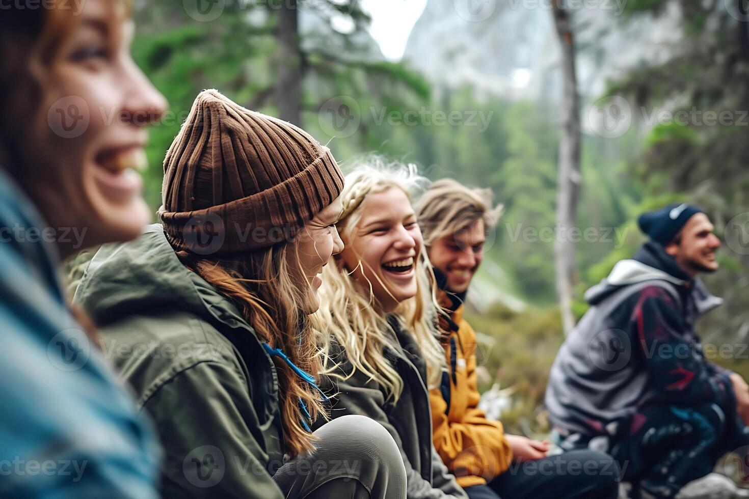 ai gerado jovem masculino e fêmea amigos rindo dentro natureza foto