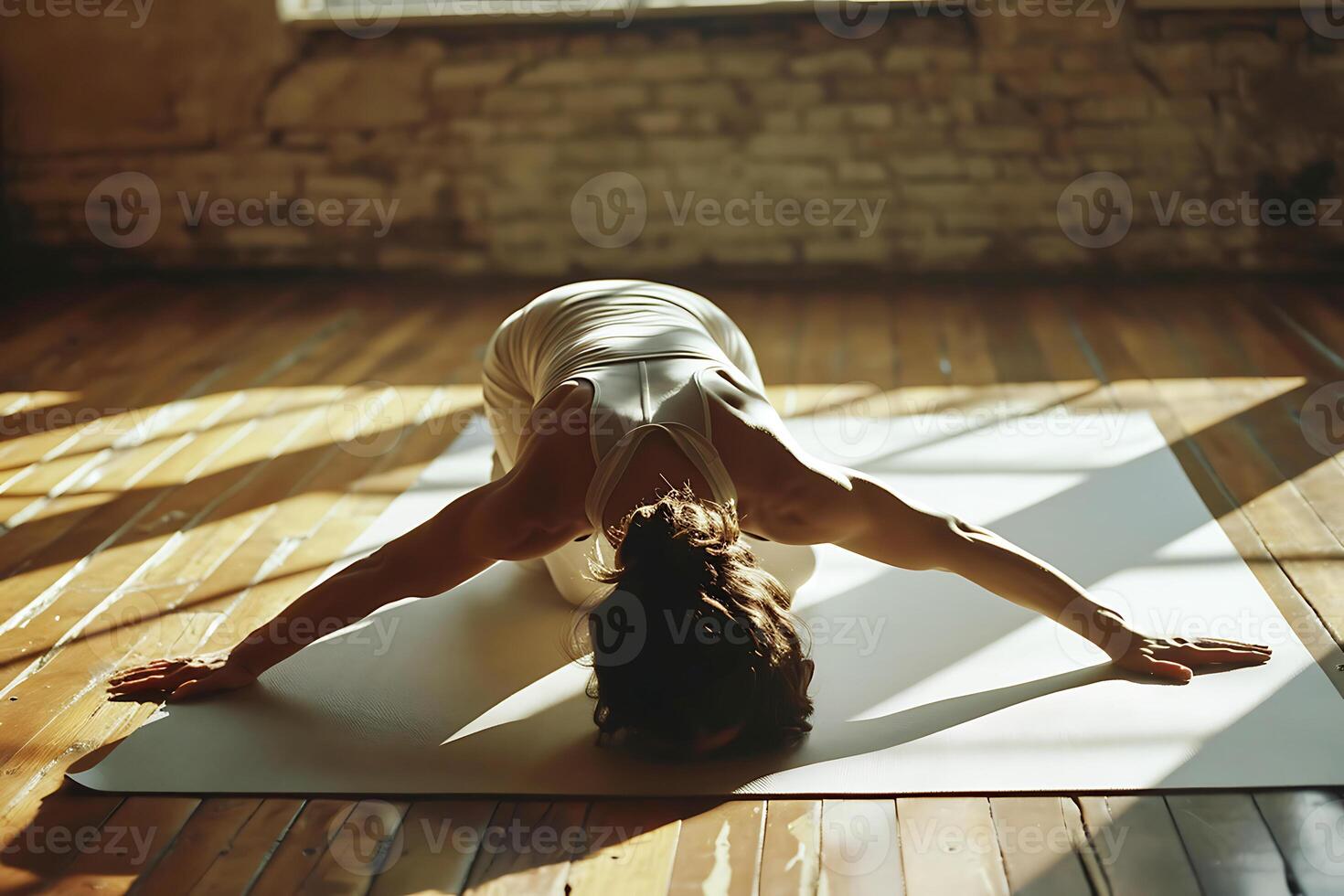 ai gerado jovem mulher praticando ioga. criança pose dentro a manhã luz foto