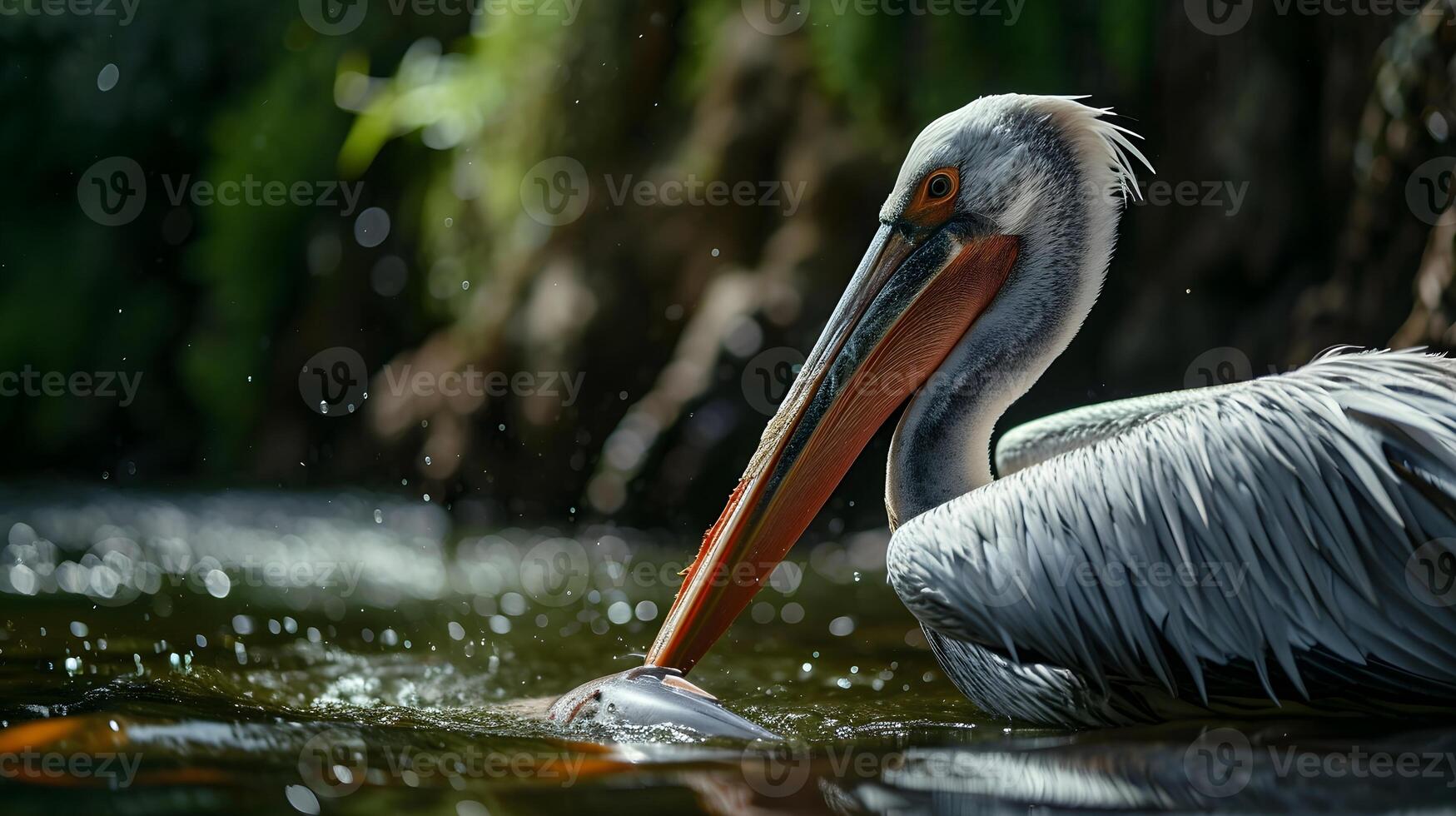 ai gerado pelicano pássaros Caçando uma peixe às uma lagoa é uma fascinante e dinâmico cena foto