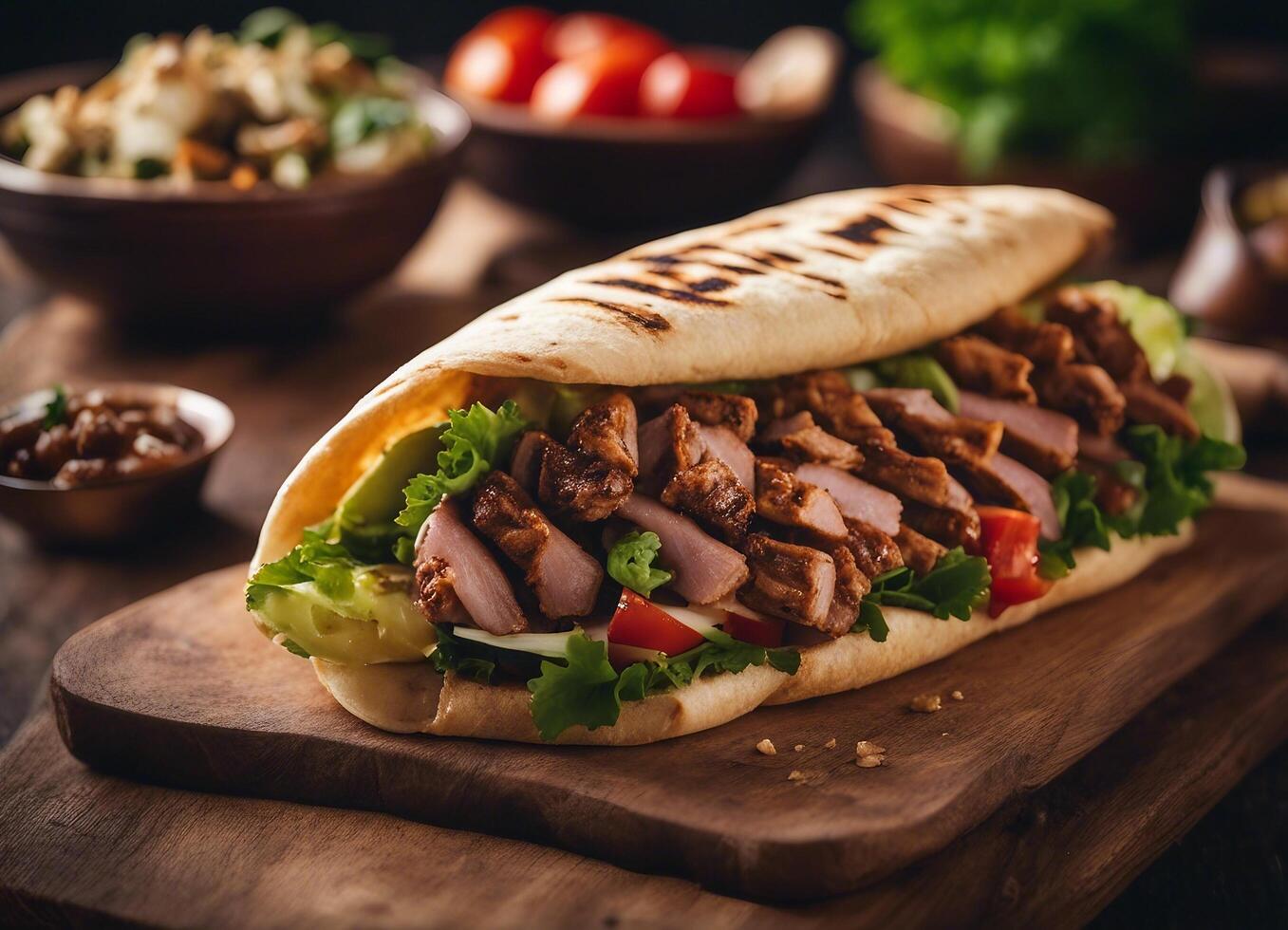 ai gerado doador Kebab - grelhado carne e legumes dentro Pão Pita pão foto