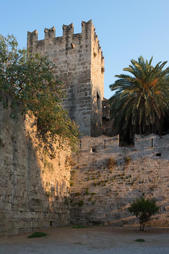 fortificações da cidade de rhodes. velha torre de pedra e palmeira ao pôr do sol. belo marco. Dodecaneso, Grécia. foto