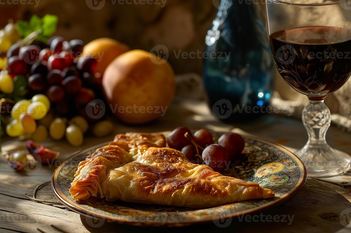 ai gerado oriental prato, oriental cozinha. tradicional turco pastelaria embrulhado dentro filo. turco nome gul Boregi ou gul chato. Comida ilustração. fotorrealista, fundo com bokeh efeito. foto