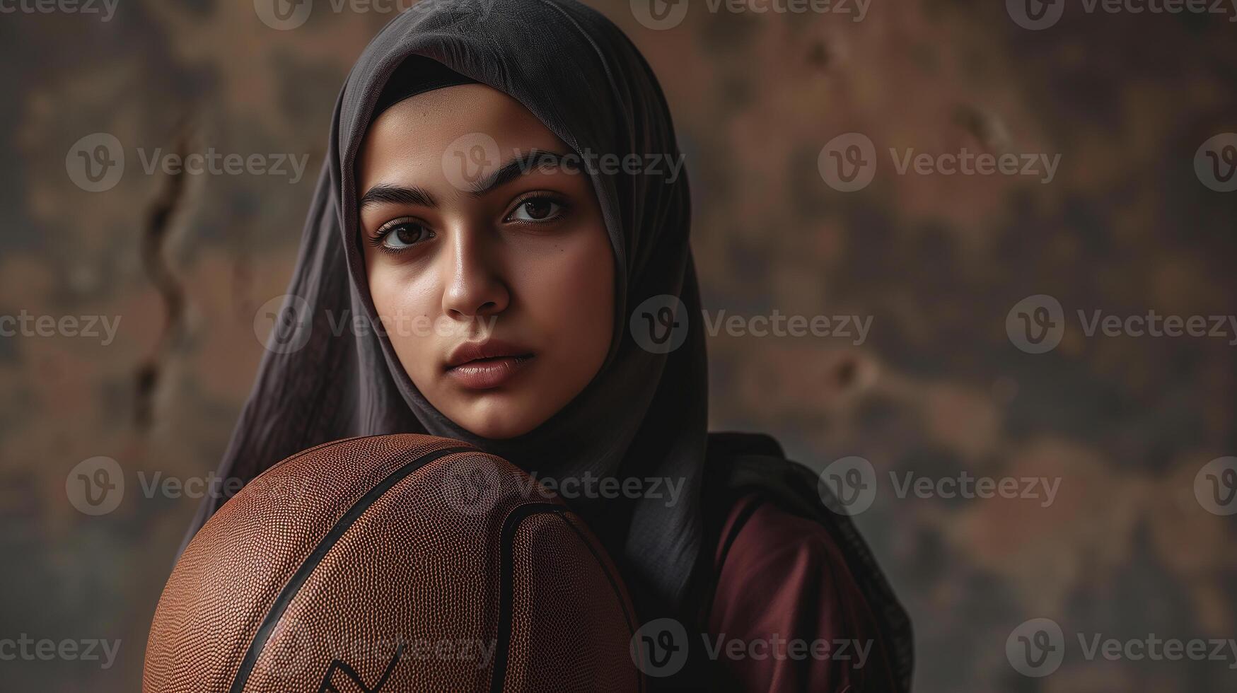 ai gerado uma muçulmano jovem mulher dentro uma hijab com uma basquetebol. retrato do a islâmico mulher fazendo Esportes dentro fechar-se. fotorrealista fundo com bokeh efeito. ai gerado. foto