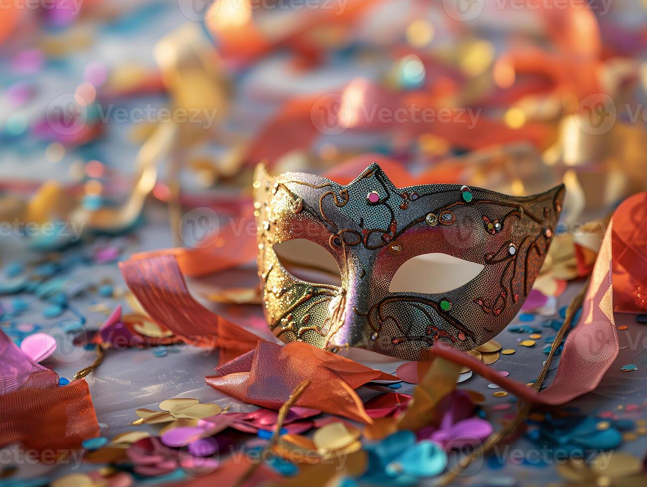 ai gerado lindo carnaval mascarar em brilhante brilhante colori fundo, ouropel, lantejoulas, feriado, confete. Novo anos feriados, carnaval, aniversário. fotorrealista, fundo com bokeh efeito. foto