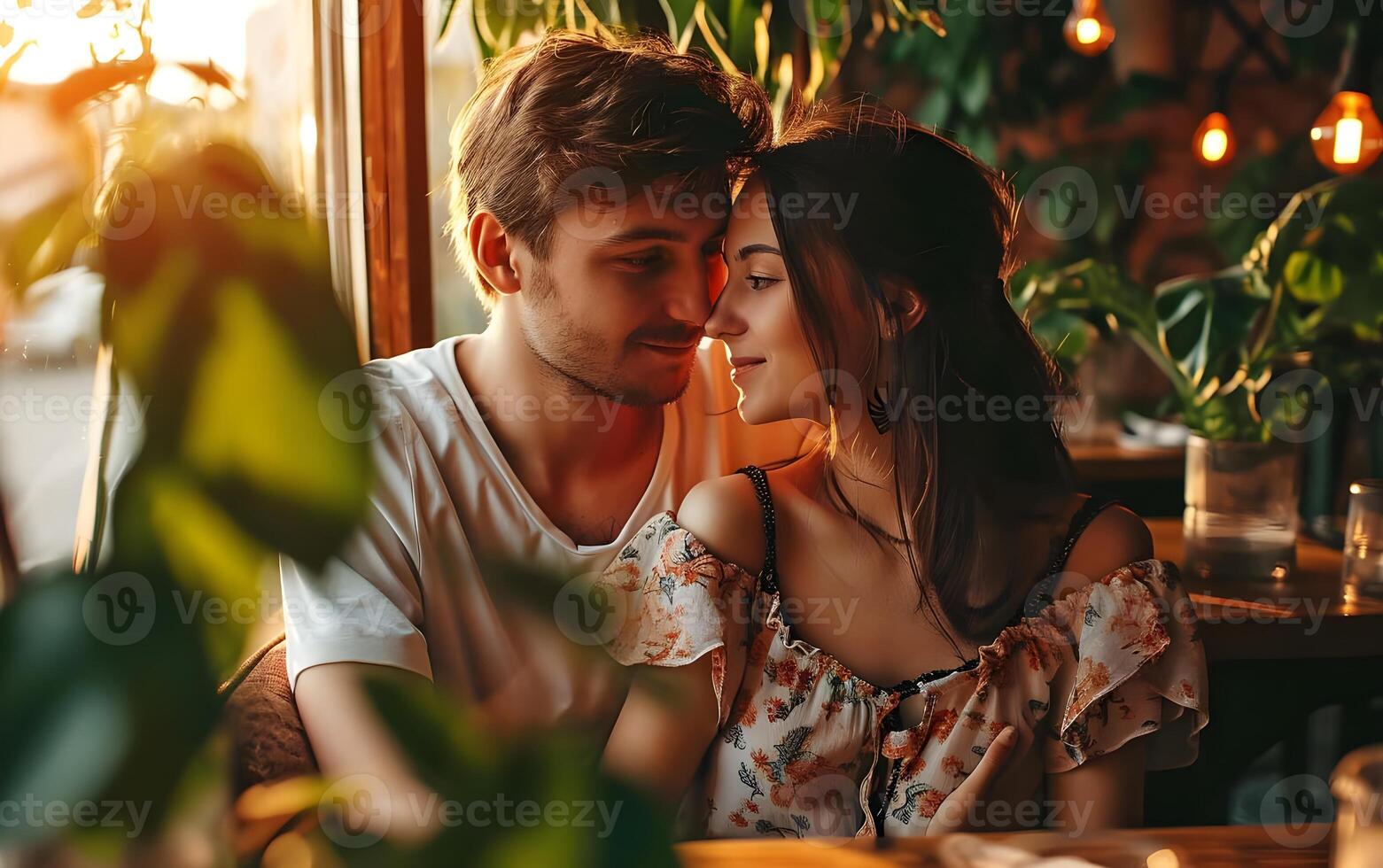 ai gerado lindo jovem casal dentro amor sentado dentro uma cafeteria e abraçando. foto