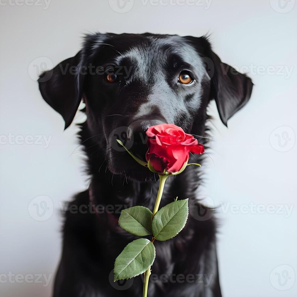ai gerado fofa Preto cachorro com uma vermelho rosa em uma cinzento fundo. foto
