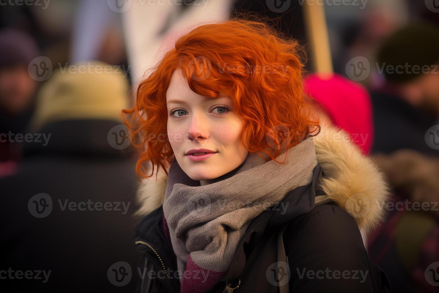 ai gerado retrato do uma ruivo mulher às uma comício em cidade ruas. foto