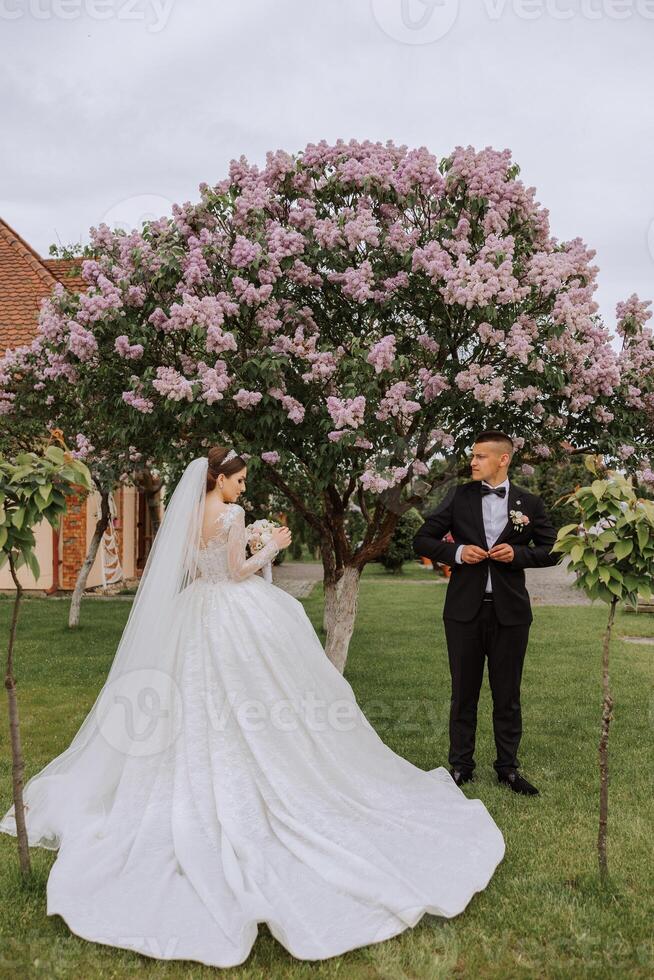 casamento. amor e casal dentro jardim para casamento. a comemorar a cerimônia e compromisso. Salve  a data. confiar. a noiva e noivo estão em pé contra a fundo do florescendo Primavera árvores foto