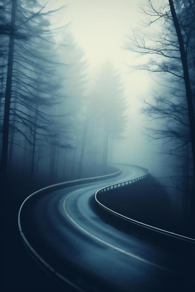 ai gerado misterioso estrada dentro a enevoado floresta foto