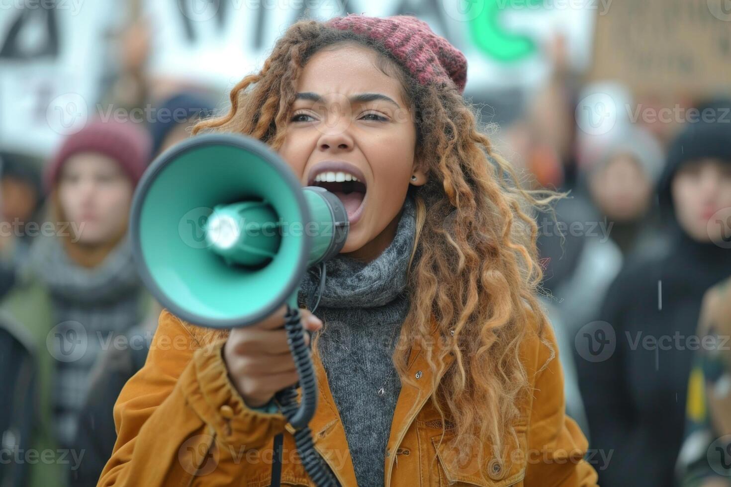 ai gerado a afro-americano menina em uma cidade rua gritos para dentro uma megafone às uma comício foto