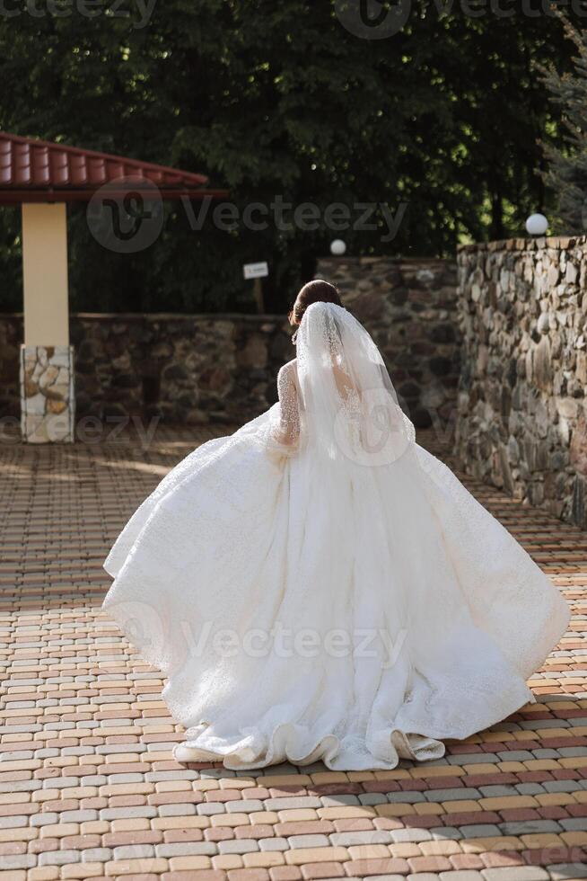 a noiva dentro uma magnífico vestir e véu anda em baixa a pedra caminho com dela ombros virou. magnífico vestir com grandes mangas, aberto busto. verão Casamento foto