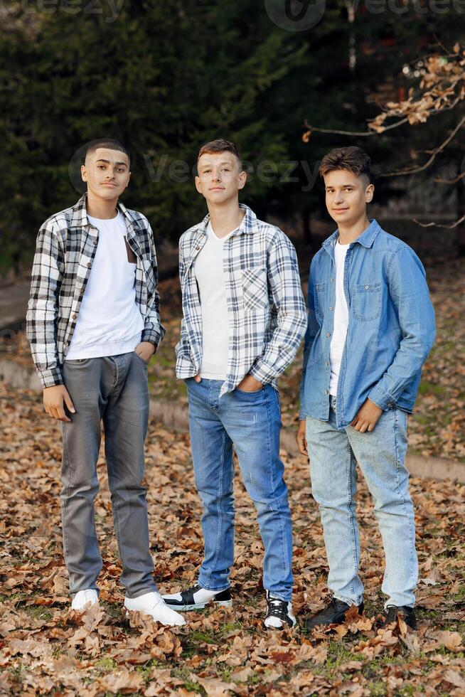 três Adolescência Rapazes, posando dentro natureza, feliz e tendo Diversão. Adolescência colegas de classe estão em repouso contra a fundo do a outono floresta. foto