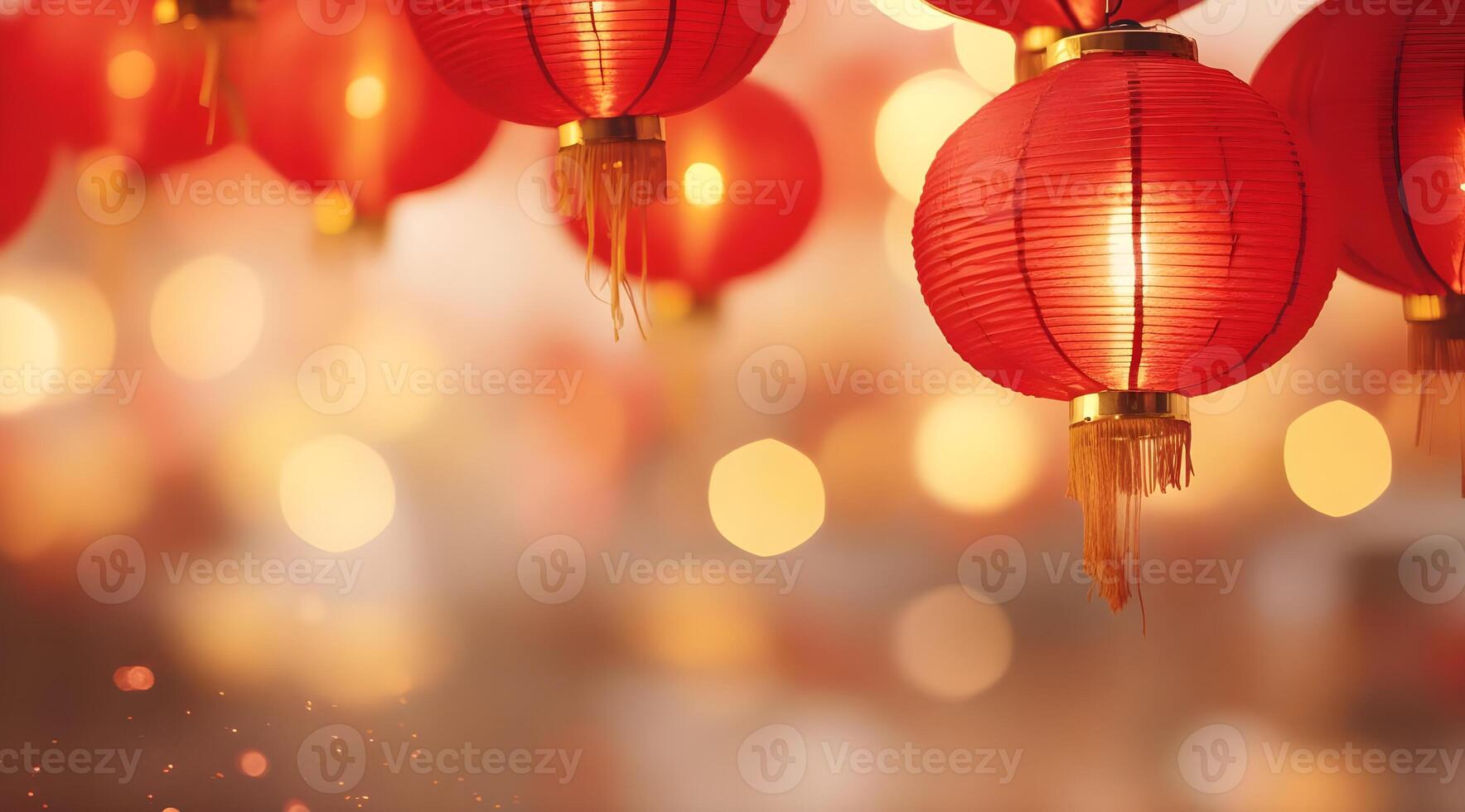 ai gerado vermelho lanternas em bokeh fundo. chinês Novo ano conceito. foto