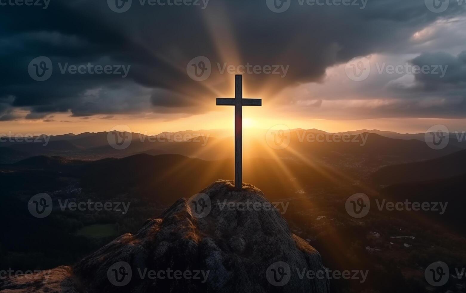 ai gerado Cruz em topo do a montanha às pôr do sol. cristão conceito. foto
