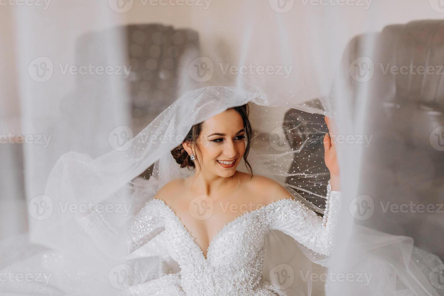 Casamento retrato. a noiva dentro a elegante Casamento vestir poses embrulhado dentro uma véu. manhã do a noiva. lindo cabelo e Maquiagem foto
