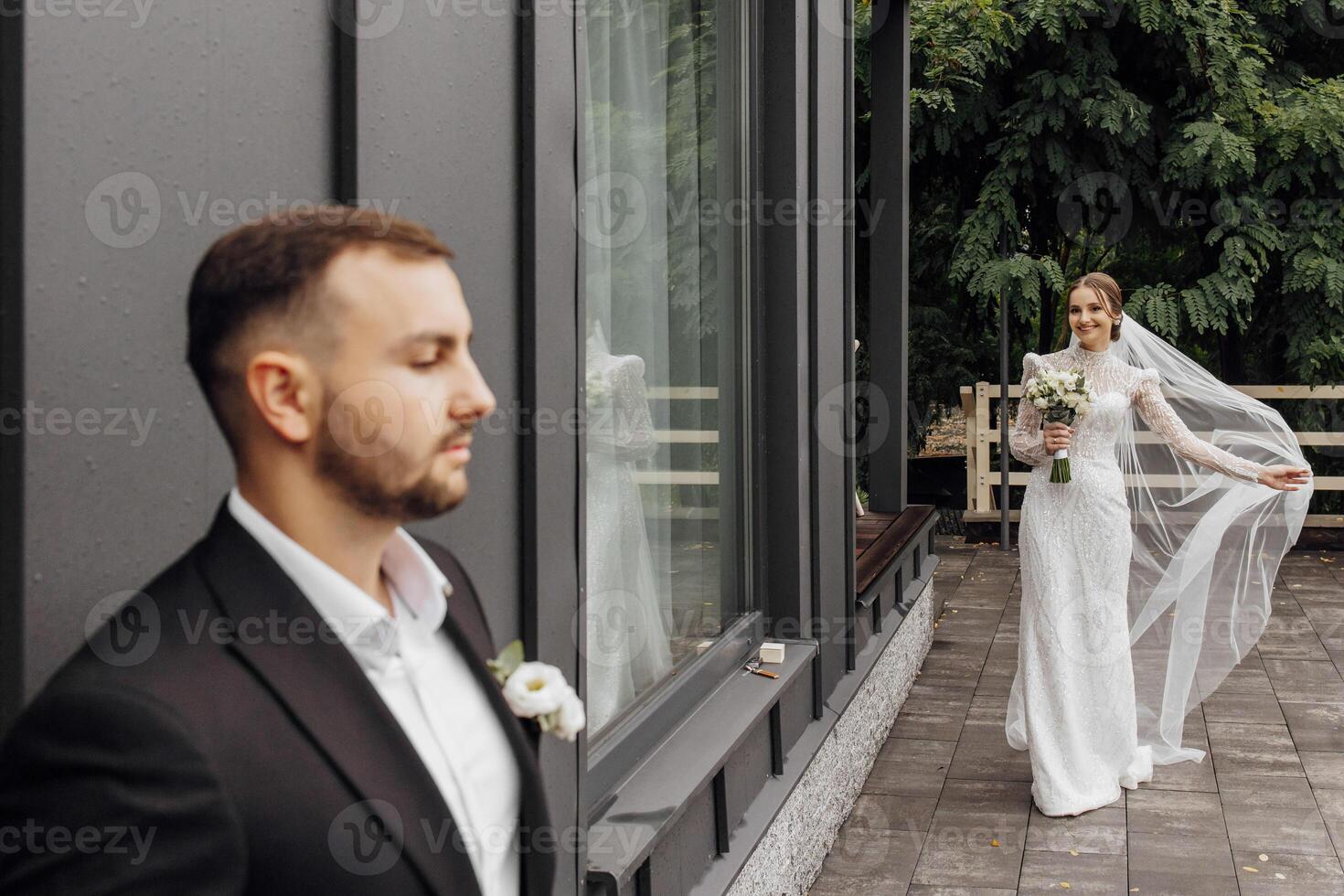 a noiva dentro uma elegante vestir e uma véu vai para a noivo. a conceito do uma lindo casamento. foto