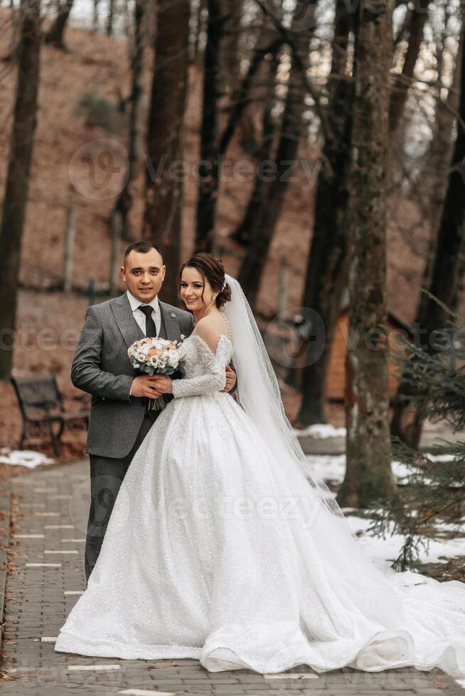 retrato. a noiva e noivo estão de pé, segurando uma ramalhete, posando dentro a floresta. uma andar dentro a floresta. inverno Casamento foto