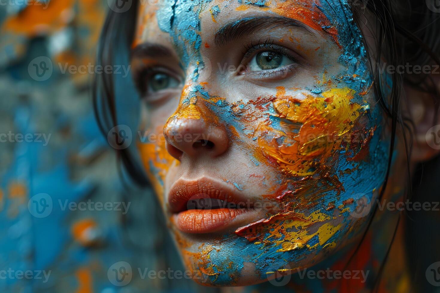 ai gerado uma mulher com a laranja batom. uma mulher com uma vibrante misturar do azul e laranja pintura cobertura dela face. foto