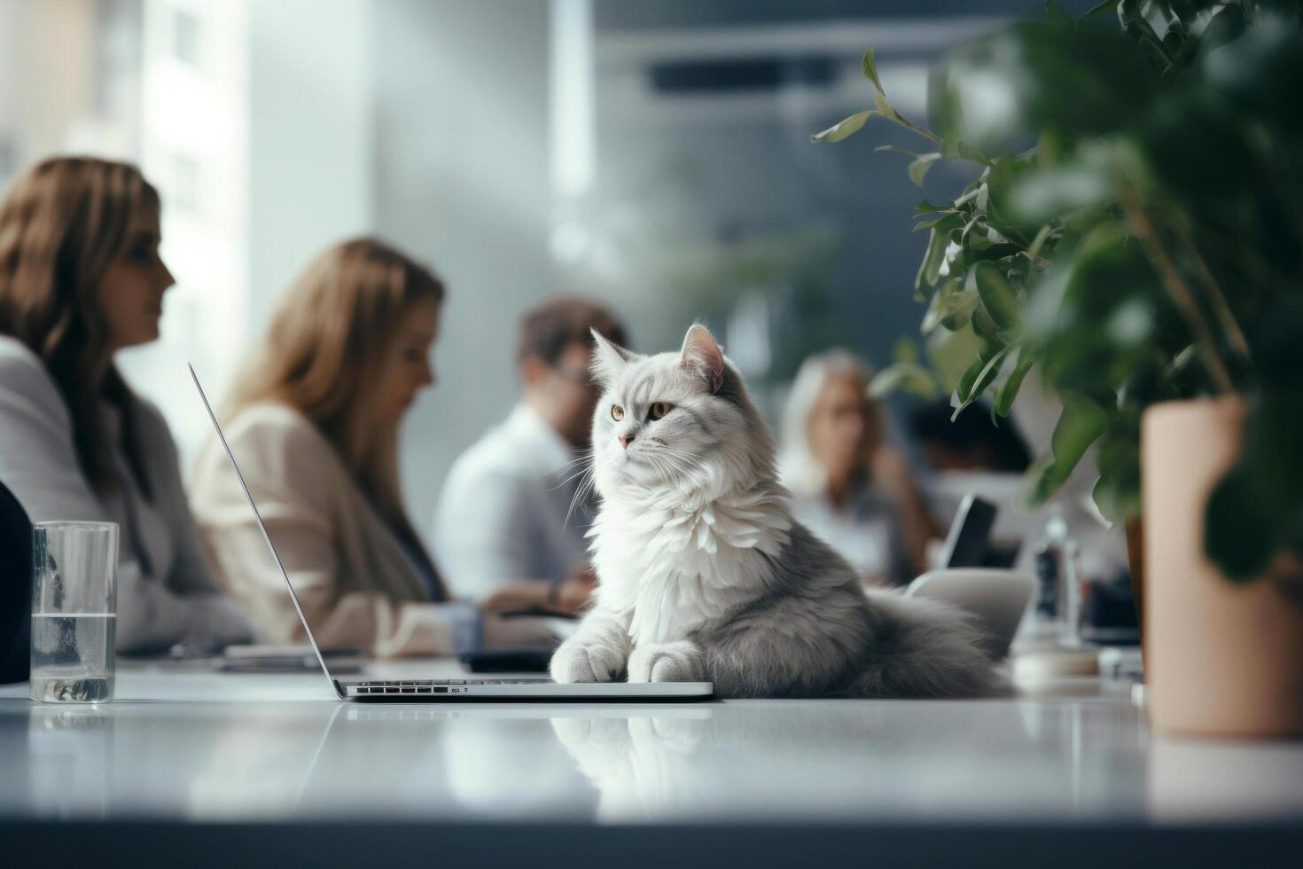 ai gerado gato sentado em mesa às o negócio encontro foto