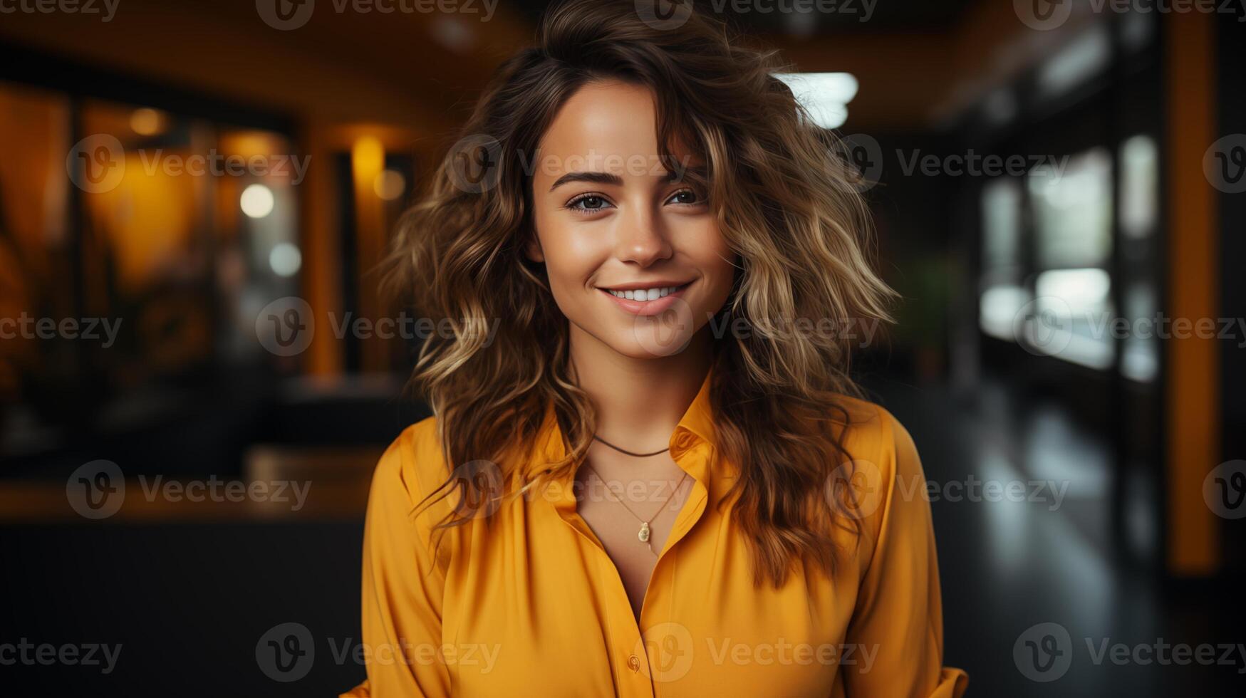 ai gerado feliz 35 anos velho empresária, quem é sorridente e rindo, vestindo brilhante roupas. escritório em fundo foto