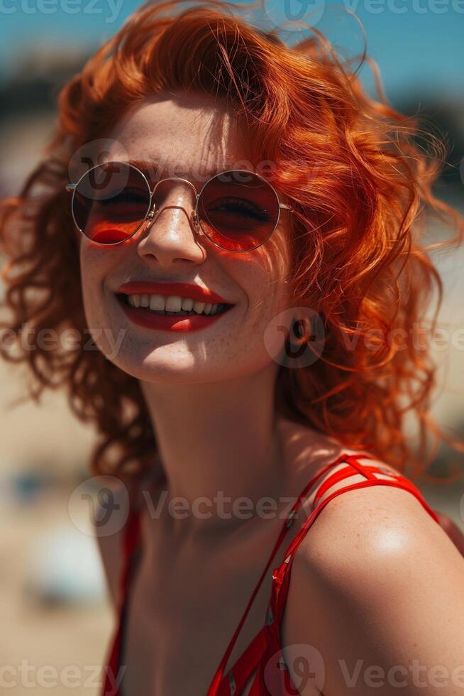 ai gerado ruivo jovem menina dentro vermelho na moda elegante óculos em a de praia foto