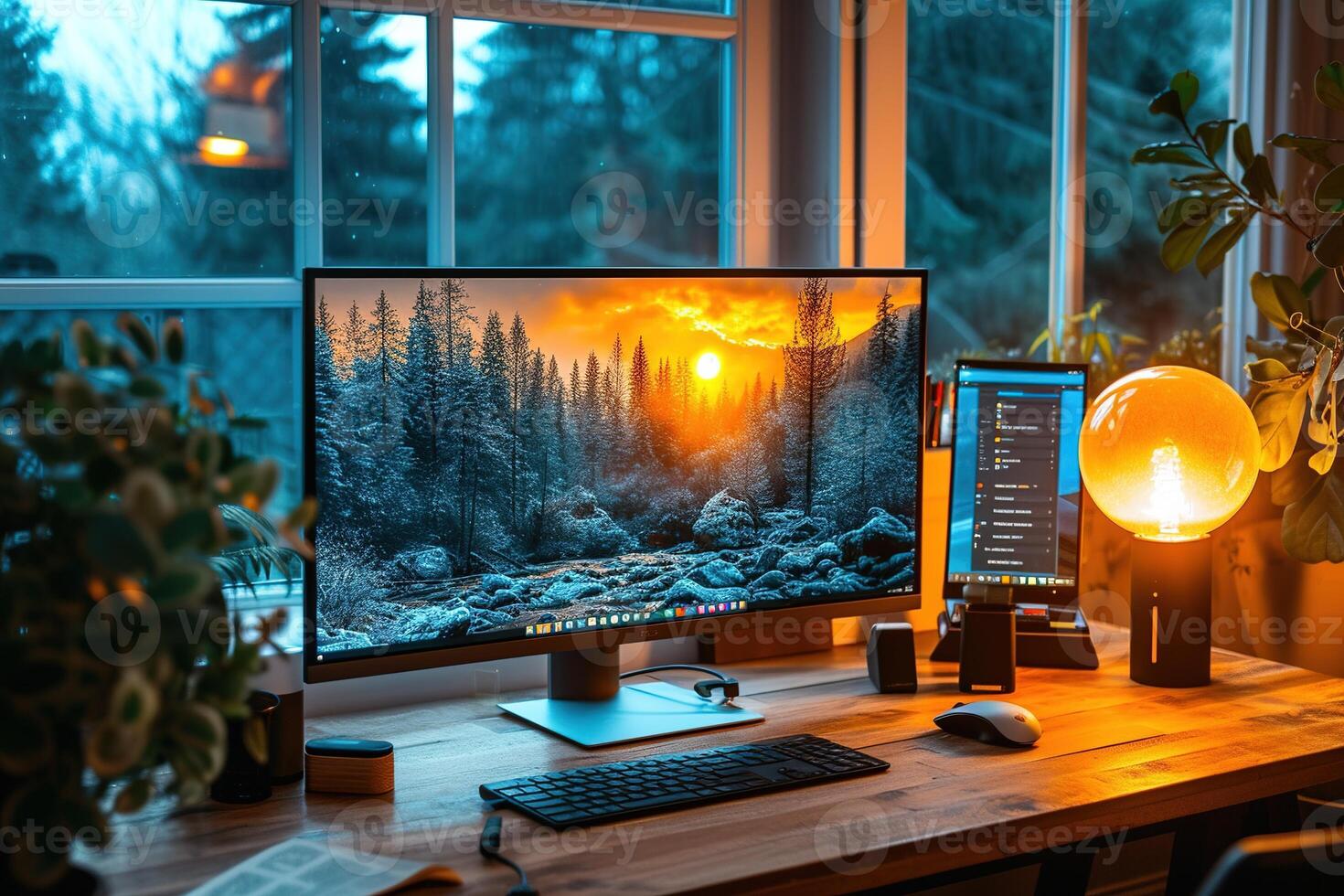 ai gerado uma acolhedor casa escritório configuração apresentando dual monitores, alto falante sistema, e ambiente iluminação com uma Visão do vegetação fora. foto