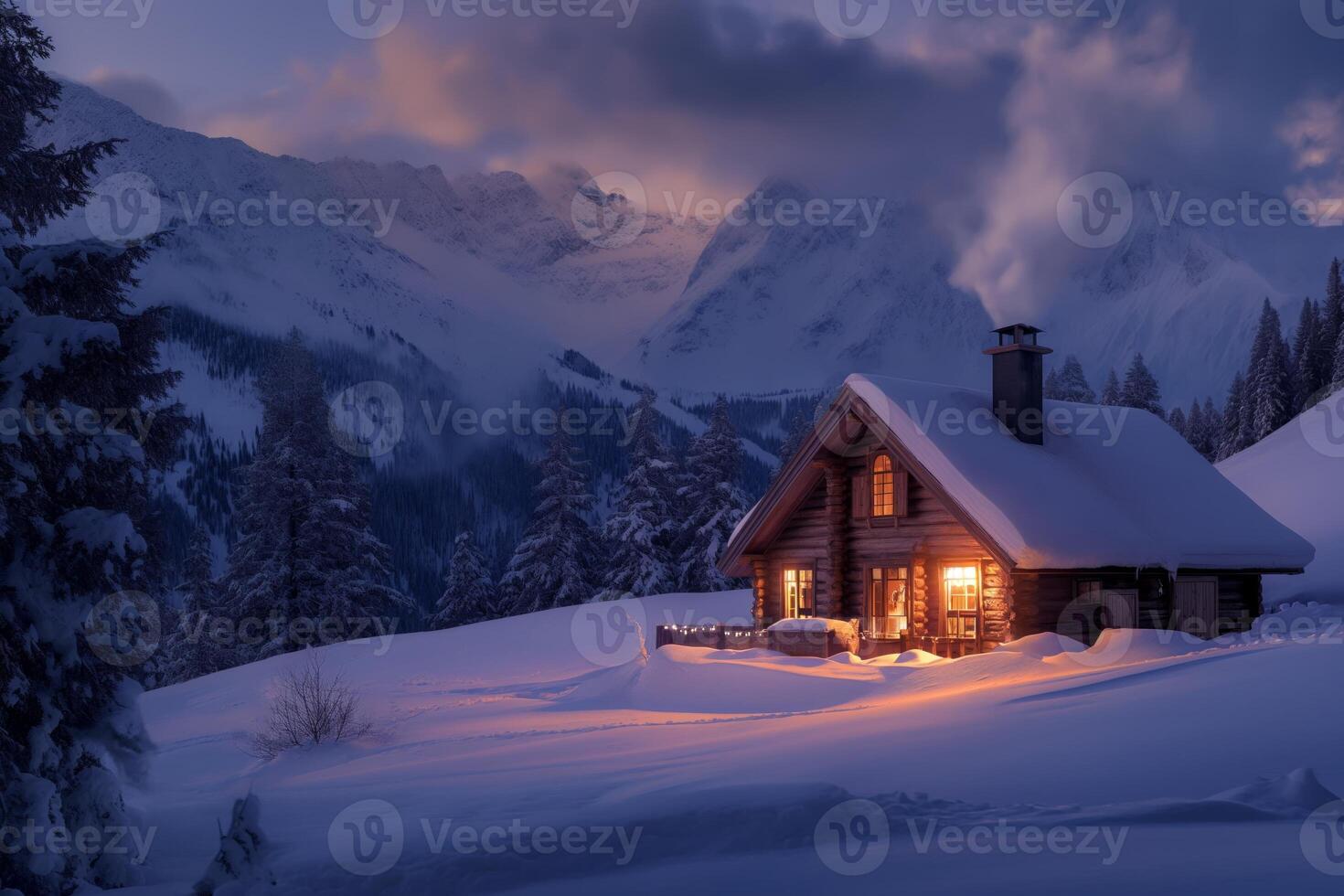 ai gerado uma acolhedor montanha cabine às crepúsculo, cercado de neve, com caloroso luz brilhando a partir de janelas e fumaça Aumentar a partir de a chaminé foto