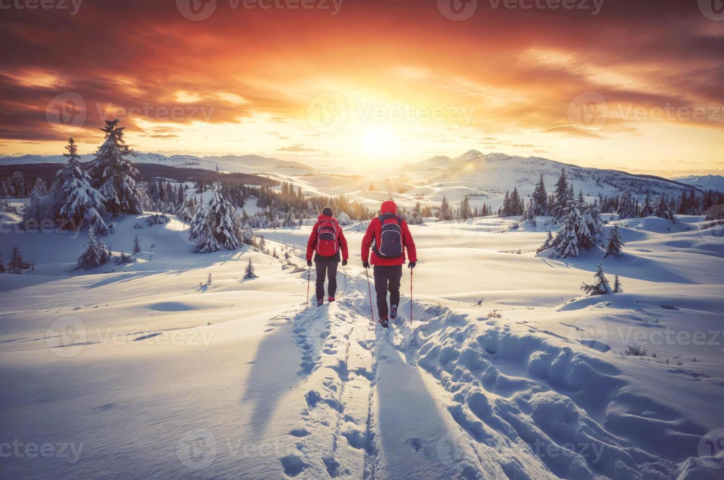 ai gerado dois pessoas caminhando em uma coberto de neve panorama durante uma pôr do sol. elas estão vestindo vermelho jaquetas e carregando mochilas. foto