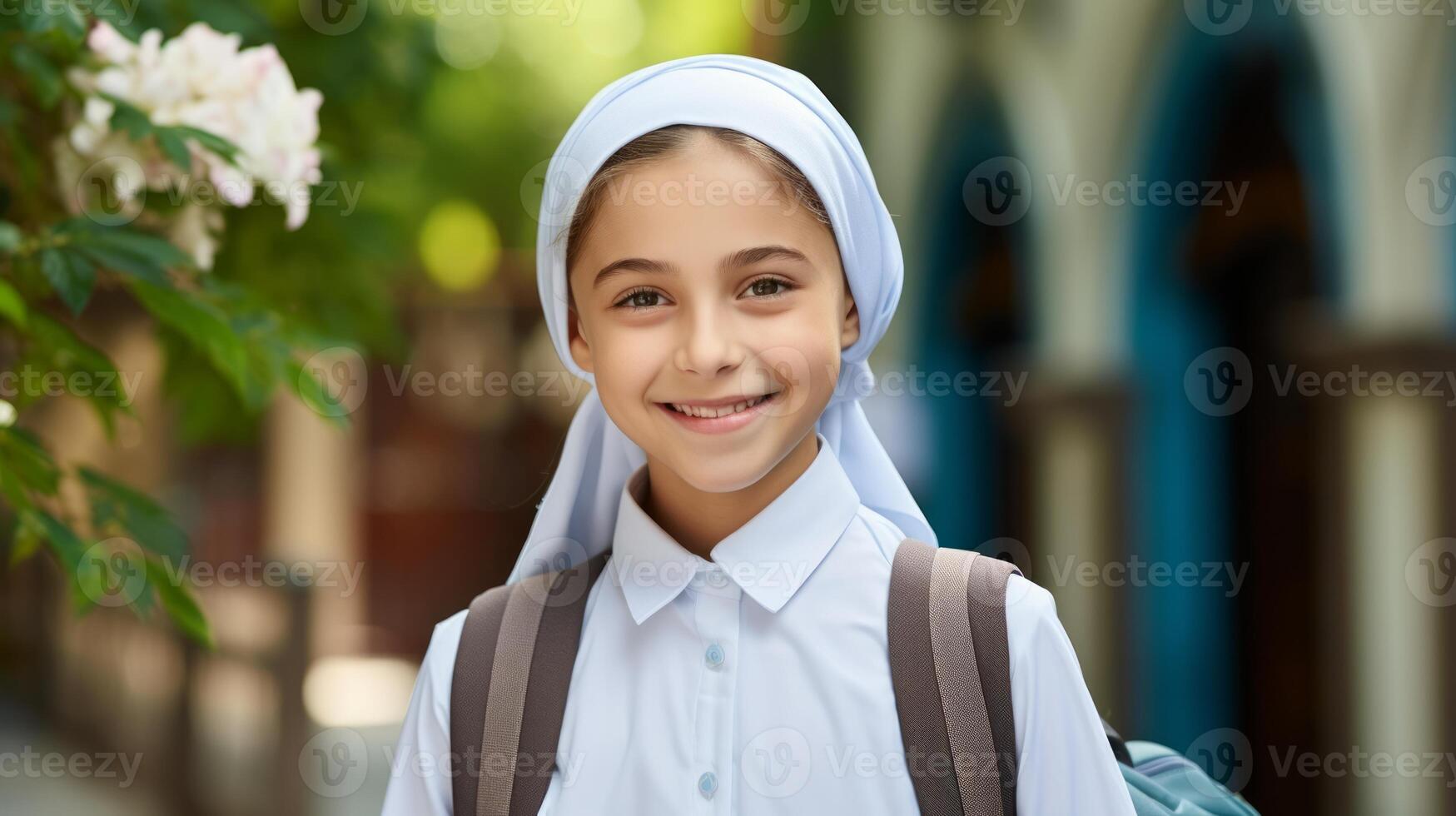 ai gerado feliz muçulmano pequeno menina sorriso. neural rede ai gerado foto