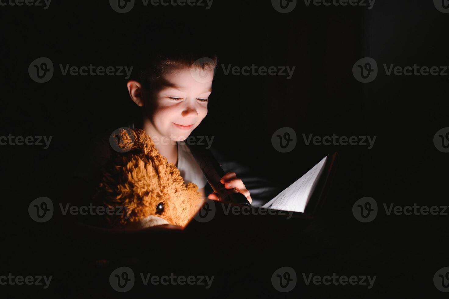 criança lendo livro dentro cama. crianças ler às noite. pequeno Garoto com fada conto livros dentro quarto . Educação para jovem crianças. hora de dormir história dentro a tarde. fofa criança debaixo cobertor dentro Sombrio quarto com luminária foto