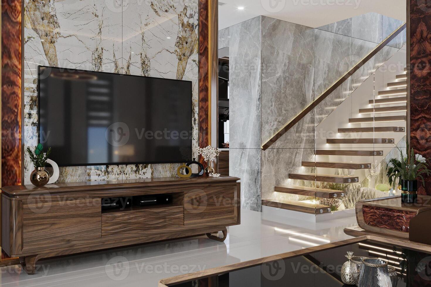 moderno conceito aberto casa interior vivo quarto com flutuando escadas foto