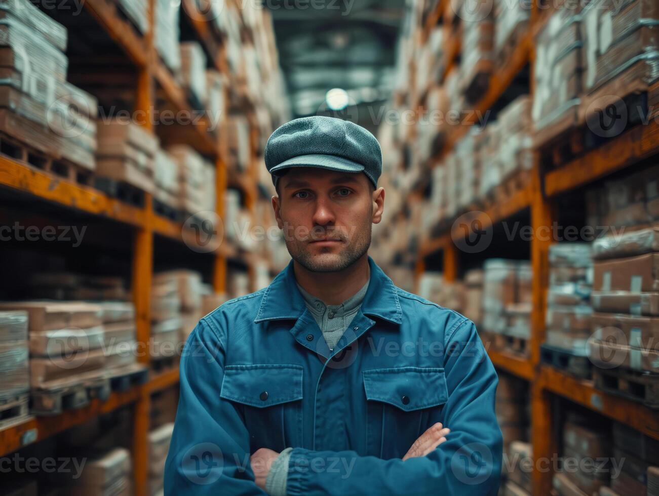 ai gerado homem vestindo uma azul uniforme dentro armazém. uma homem carrinhos com dele braços cruzado dentro uma armazém, representando uma Forte e confiante o negócio presença. foto