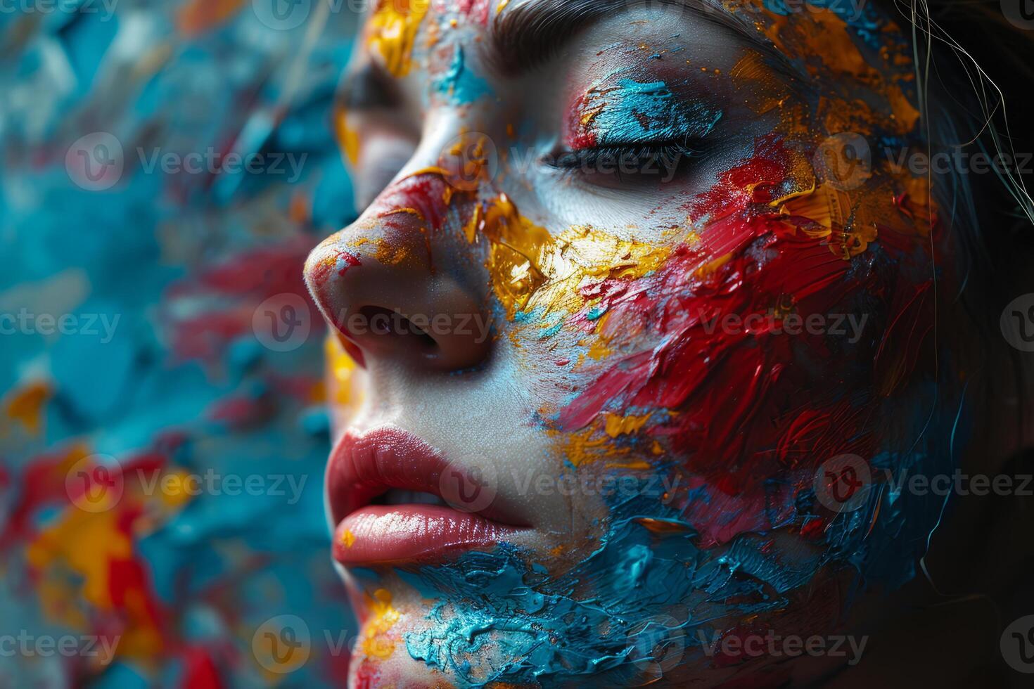 ai gerado colorida pintura pintura labial para mulher face. uma vibrante imagem capturando a criatividade e individualidade do uma mulher com uma pintado face. foto