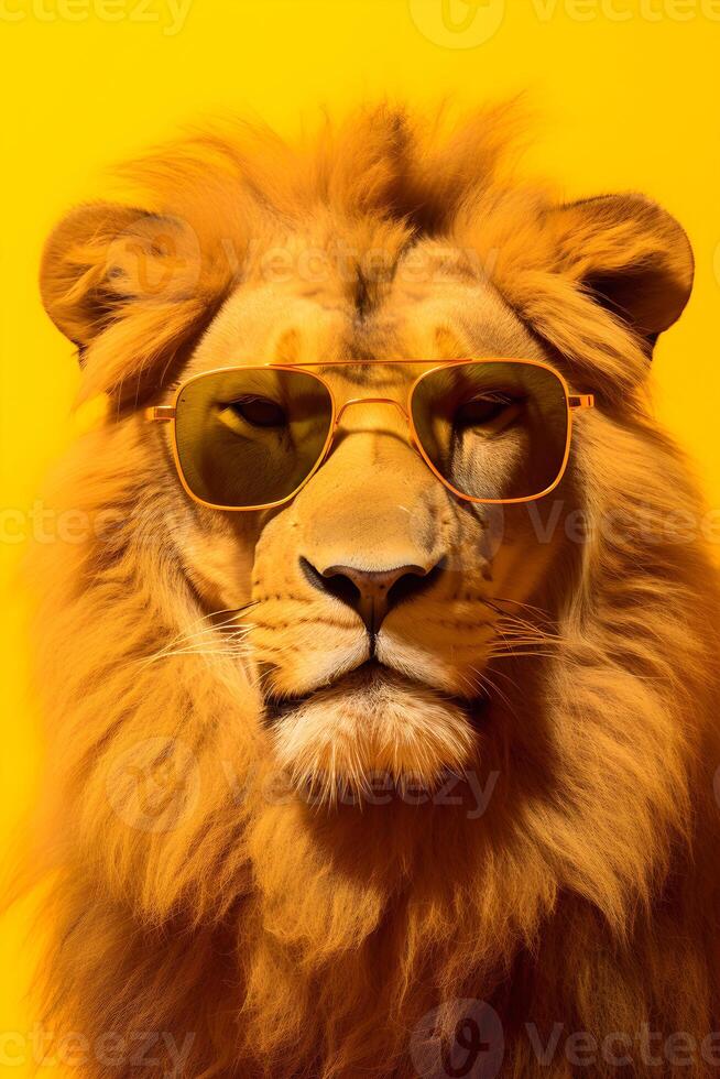 ai gerado retrato do uma leão dentro oculos de sol em uma amarelo fundo, estúdio tomada. ai gerado foto