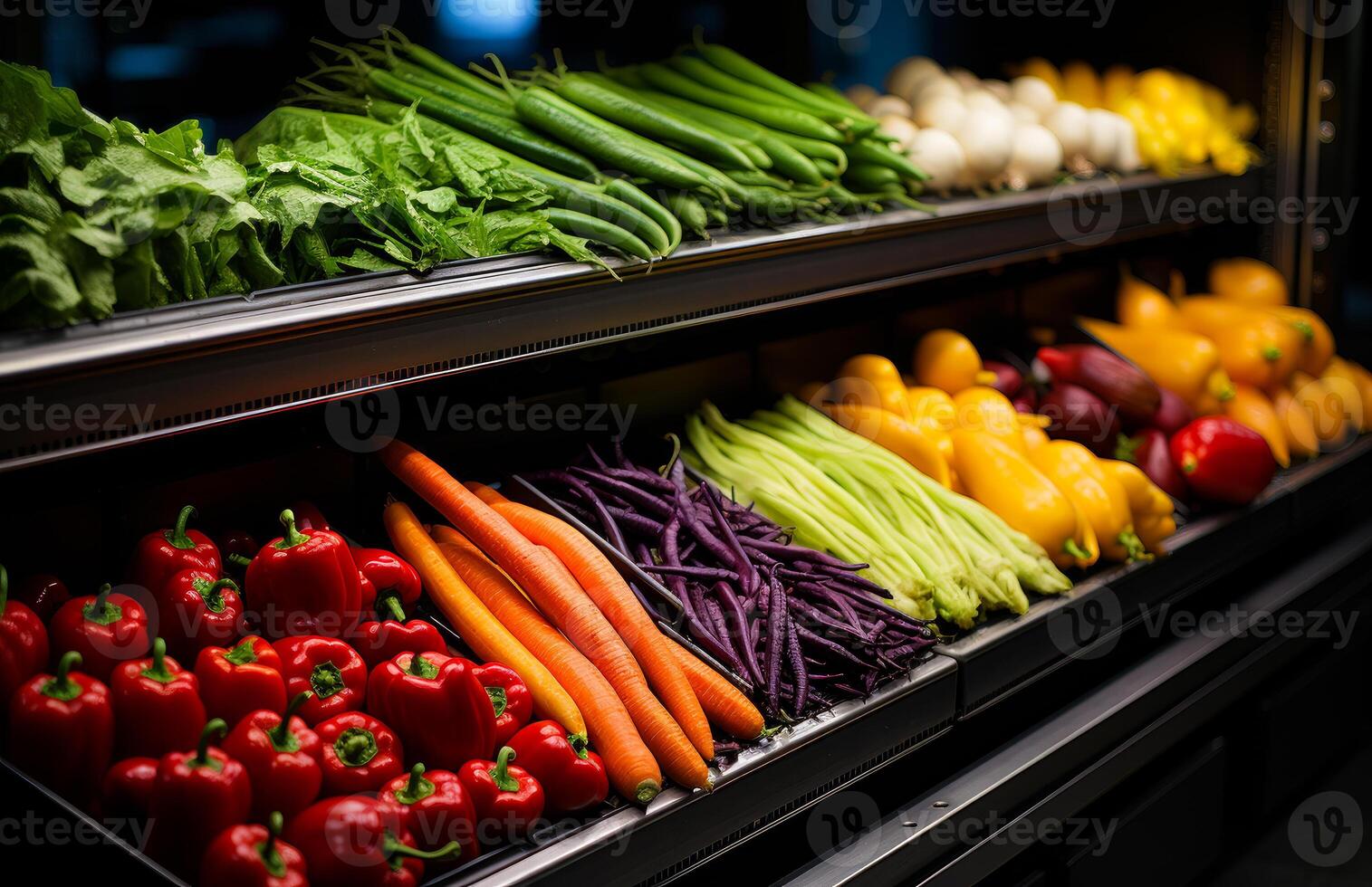 ai gerado fresco frutas e legumes dentro uma supermercado. uma exibição caso preenchidas com grande quantidade do diferente tipos do legumes foto