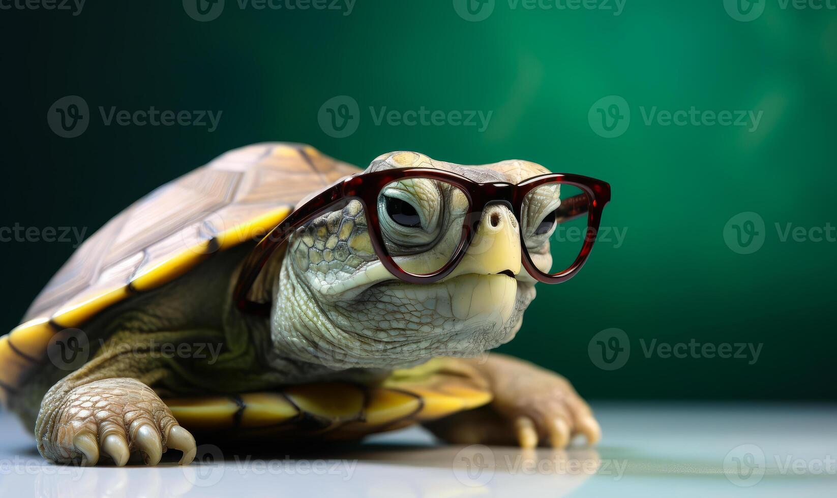 ai gerado fofa pequeno verde tartaruga com óculos. uma pequeno tartaruga vestindo óculos em Está cabeça foto