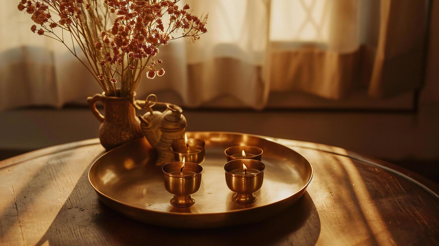 ai gerado dourado chá conjunto com seco flores dentro caloroso luz foto