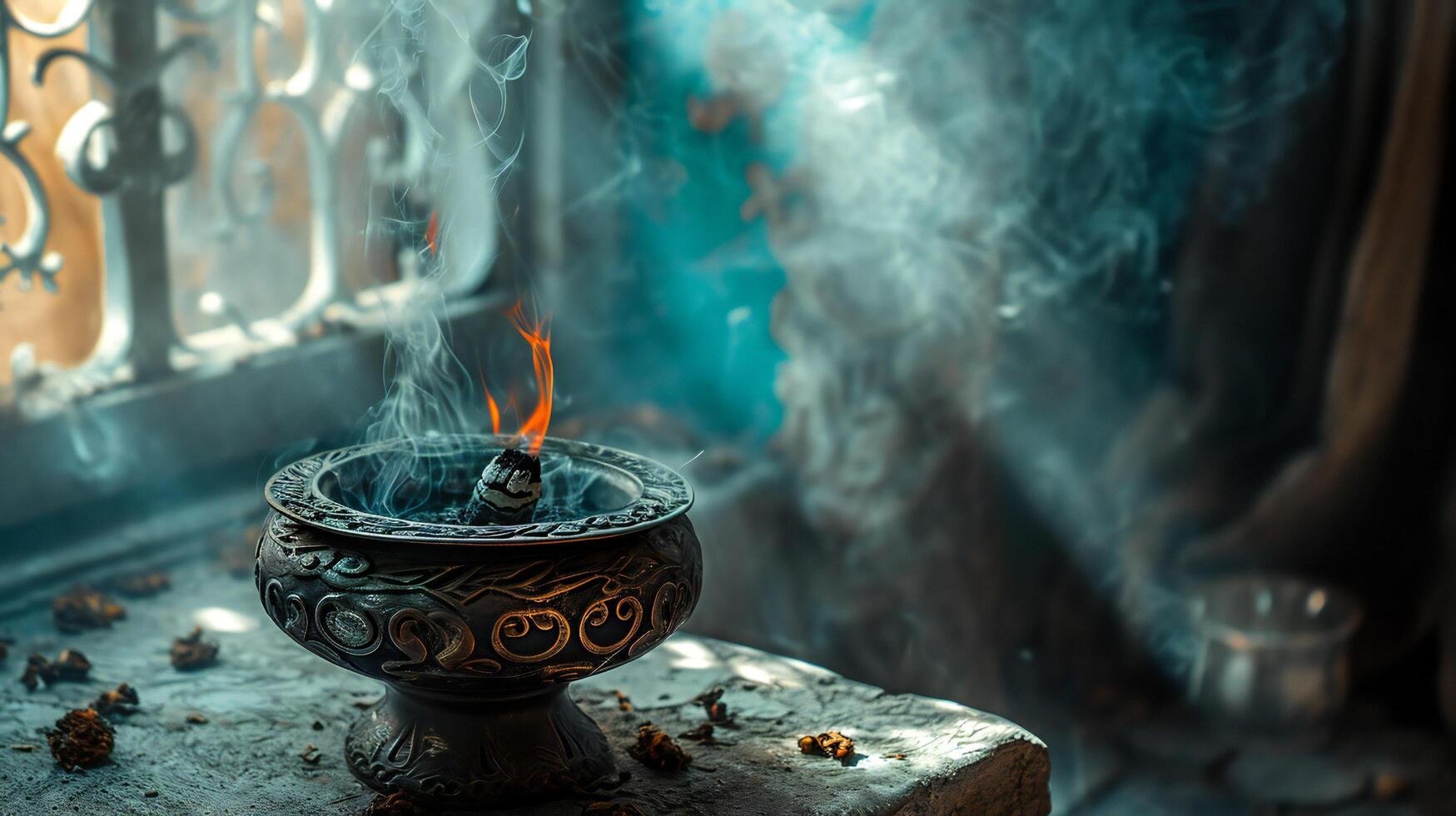 ai gerado místico incenso fumaça Aumentar a partir de ornamentado Preto queimador foto