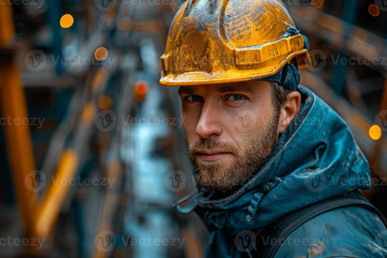 ai gerado retrato do trabalhador dentro capacete às construção local. foto