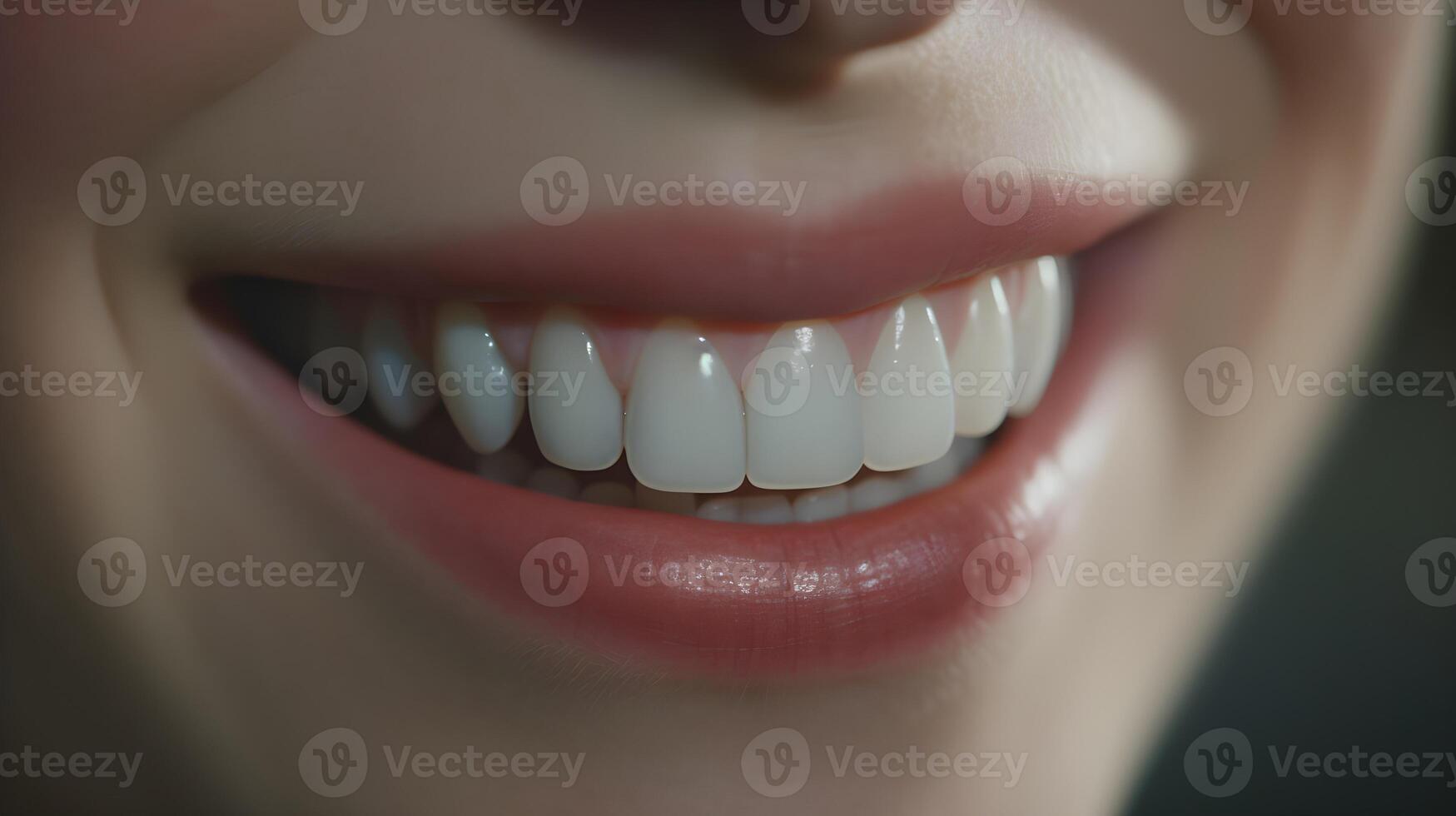 ai gerado fechar acima do lindo fêmea sorrir com branco dentes. odontologia conceito. foto