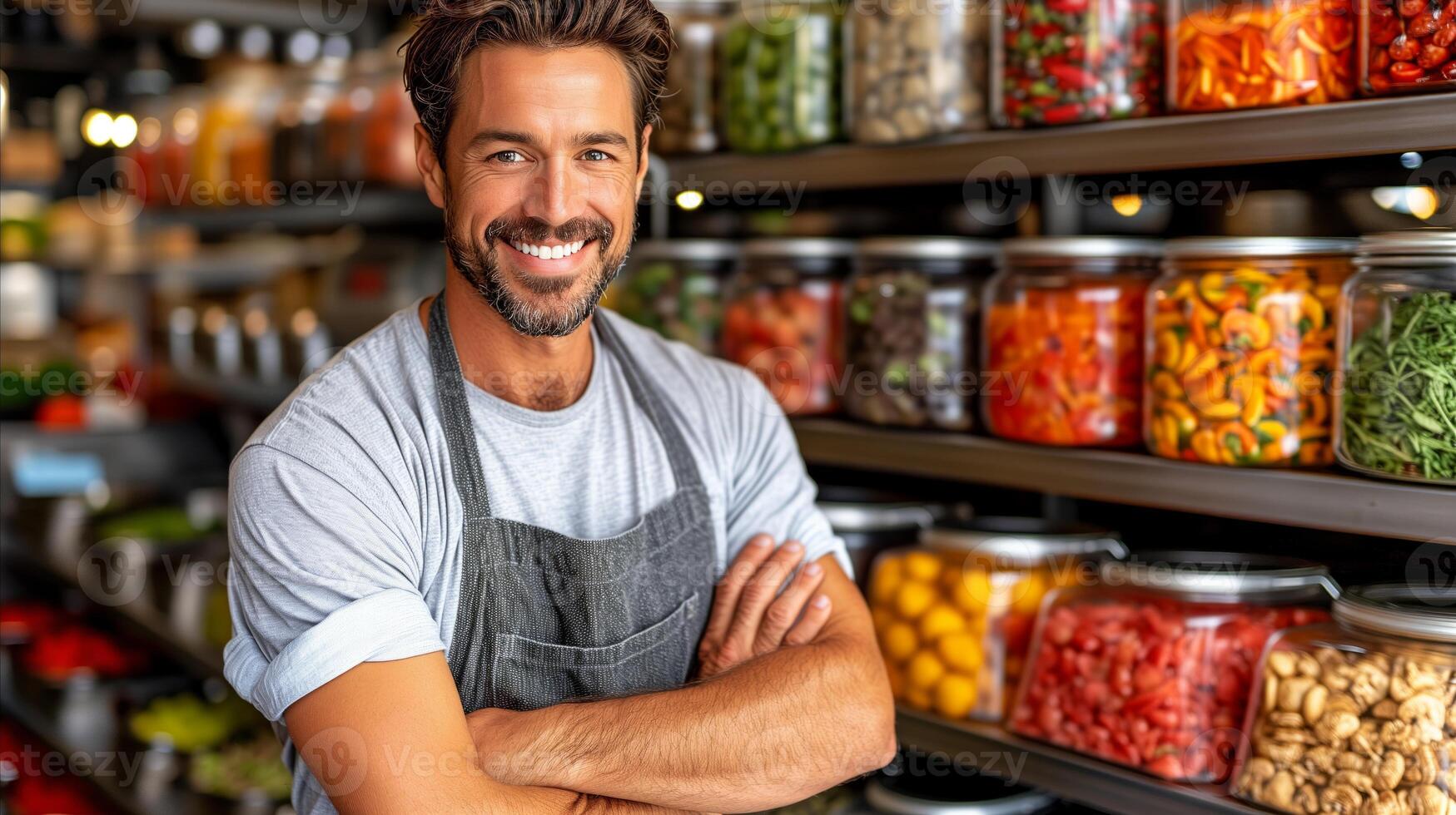 ai gerado homem em pé dentro frente do cheio de comida loja foto