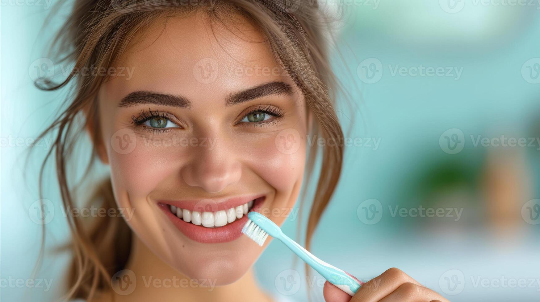 ai gerado jovem mulher sorridente com uma escova de dente, dental Cuidado e higiene conceito foto