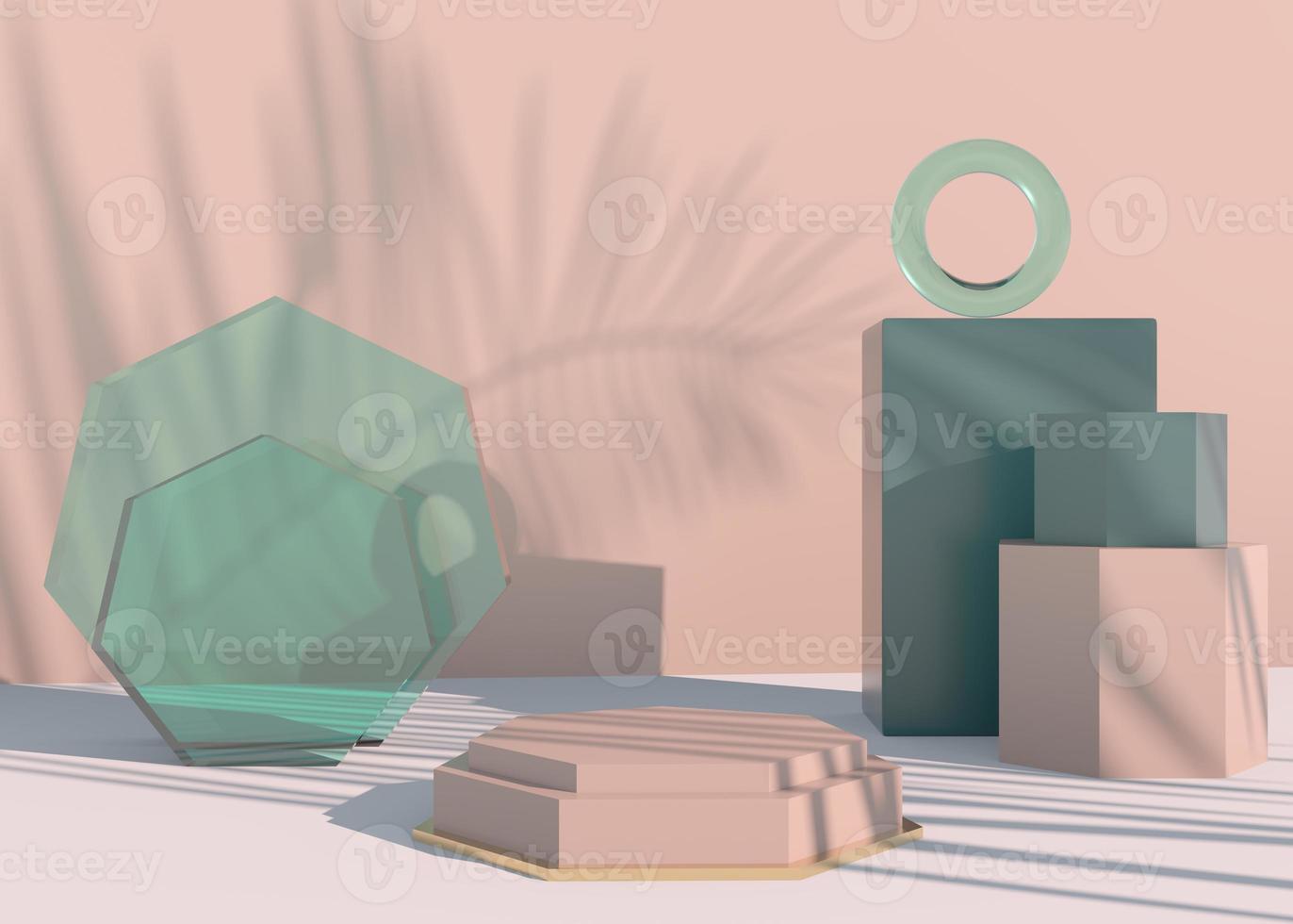pódio com sombras de folhas de palmeira para apresentação de produtos cosméticos. vazio vitrine pedestal cenário simulado acima. Renderização 3D. foto