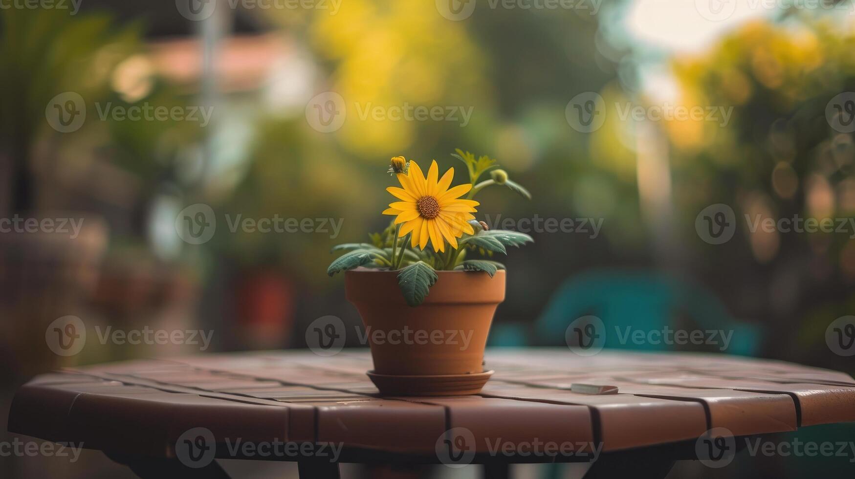 ai gerado uma alegre amarelo flor floresce dentro uma Panela, adornando uma de mesa com vibrante beleza, ai gerado foto