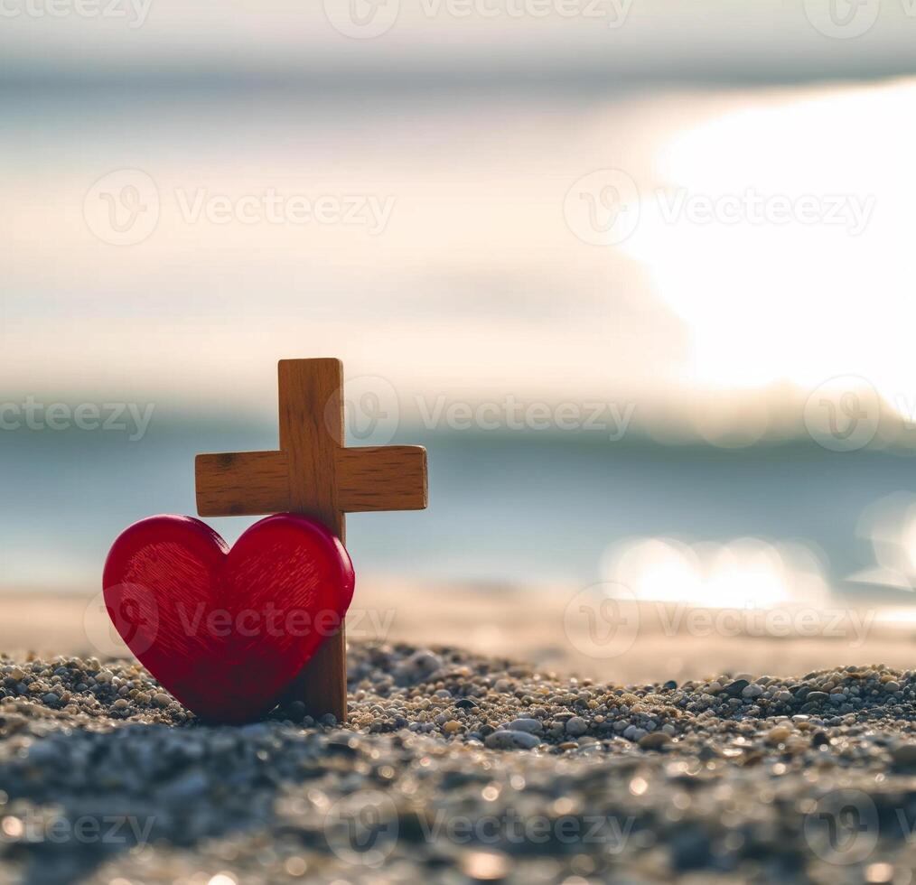 ai gerado vermelho coração com de madeira cristão Cruz em cascalho chão dentro manhã luz foto