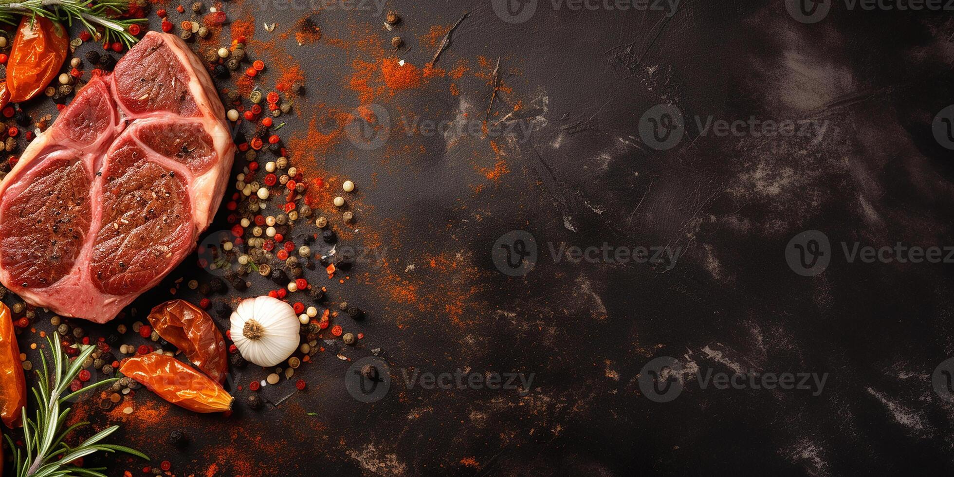 ai gerado cru bife em a grade em uma Sombrio fundo. peça do carne com sal, Pimenta e ervas foto