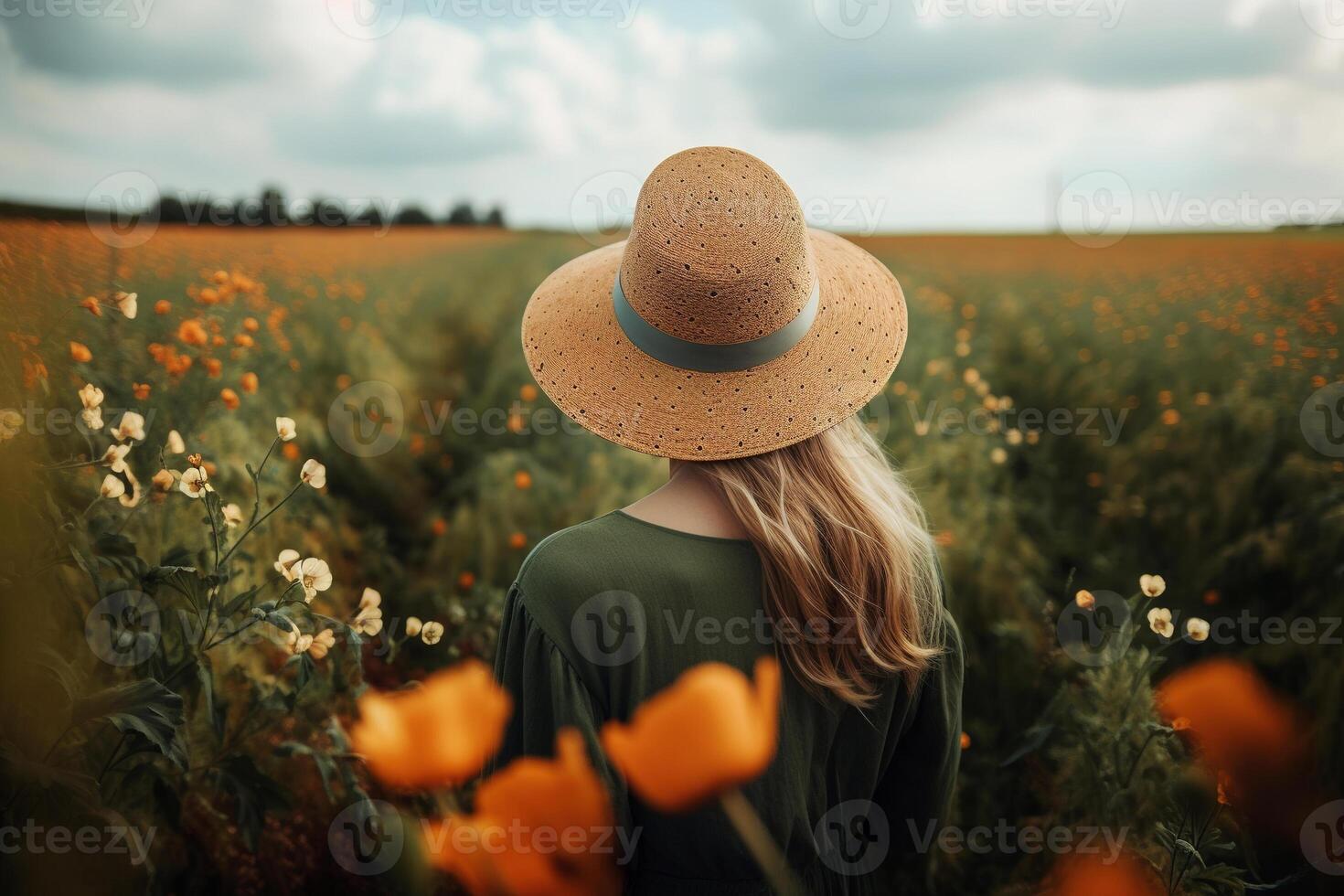 ai gerado traseiro Visão do lindo jovem mulher dentro verde vestir e chapéu dentro campo do laranja flores dentro natureza, liberdade e relaxamento. generativo ai foto