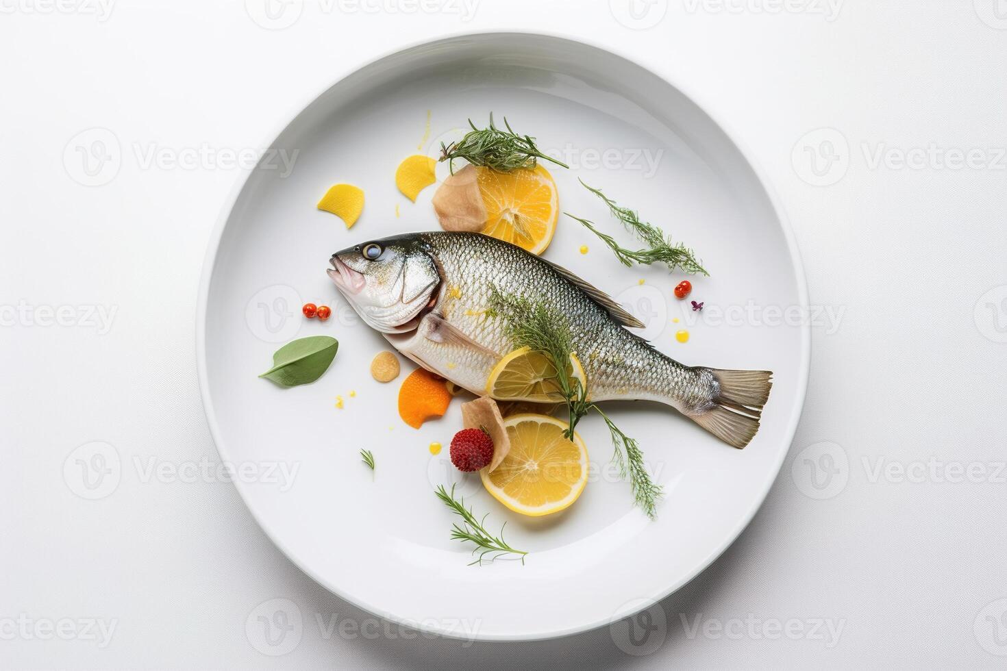 ai gerado cozinhou delicioso peixe prato em branco placa, topo visualizar. generativo ai foto