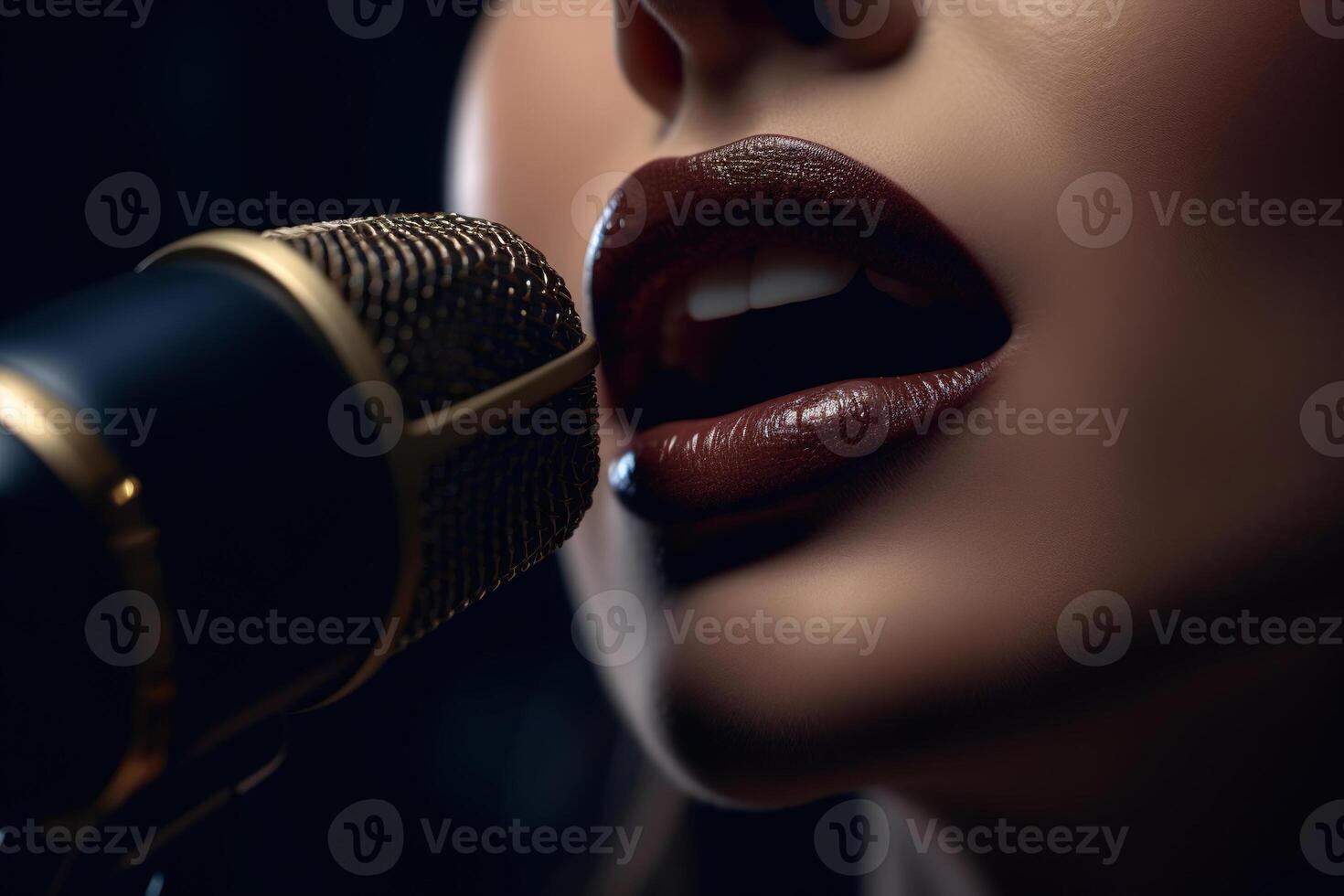 ai gerado show, mostrar, karaokê ou desempenho conceito. fechar-se do fêmea músico boca cantando música para dentro microfone. generativo ai foto