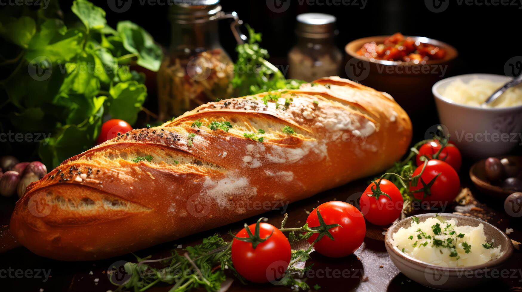 ai gerado baguete com queijo, tomates e ervas em uma Sombrio fundo. foto